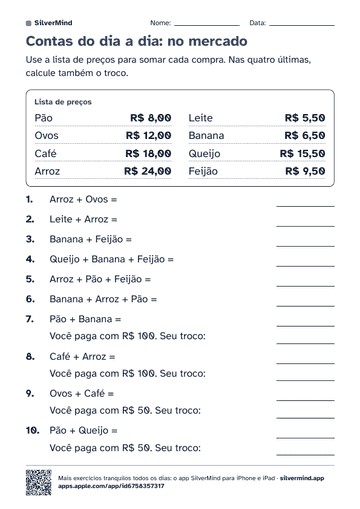 Primeira página da atividade: Contas do dia a dia: no mercado
