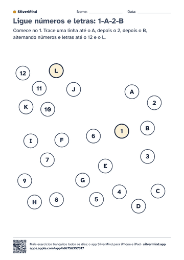 Primeira página da atividade: Ligue números e letras: 1-A-2-B