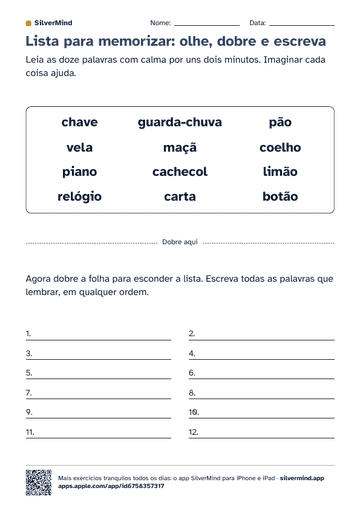 Primeira página da atividade: Lista para memorizar: olhe, dobre e escreva