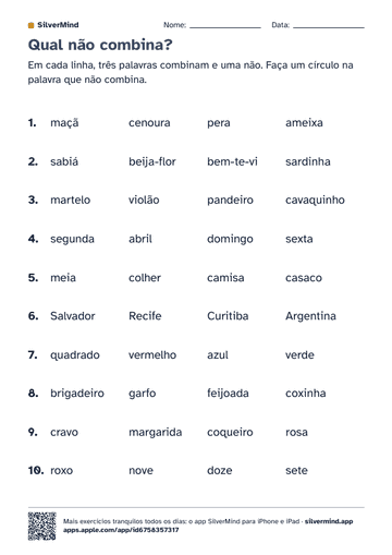 Primeira página da atividade: Qual não combina?